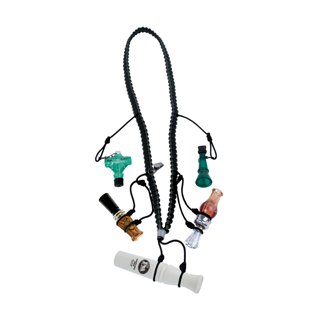 Primos Waterfowler's 3 Call Lanyard shown in a loop with calls