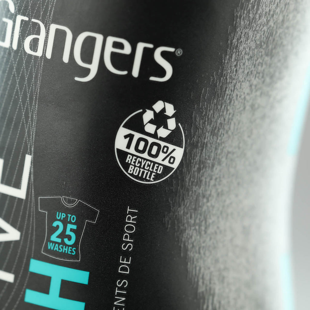 Close-up of the Grangers Active Wash bottle showing the 100% recycled bottle mark