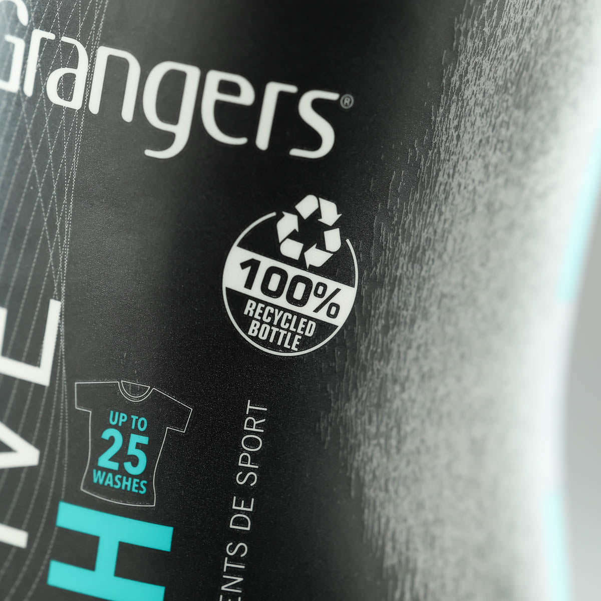 Close-up of the Grangers Active Wash bottle showing the 100% recycled bottle mark