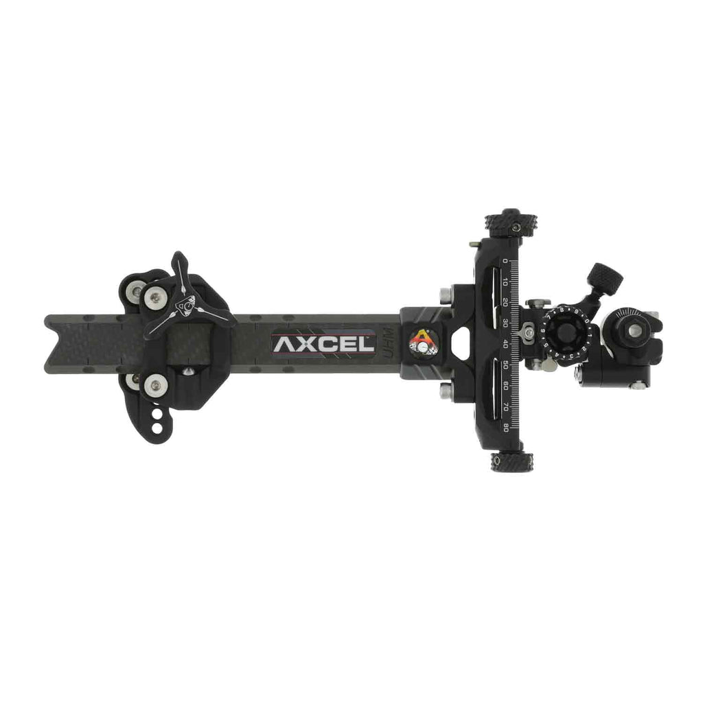 Axcel Achieve XP Variable Range 1.5" compound target sight, 6" UHM Carbon bar, Black elevation rail and knobs