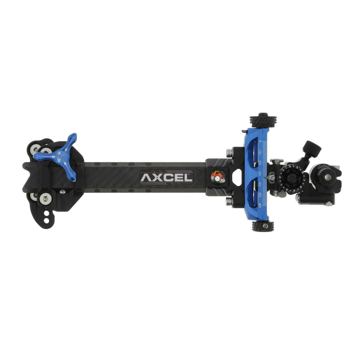 Axcel Achieve XP Variable Range 1.5" compound target sight, 6" UHM Carbon bar, Blue elevation rail and knobs