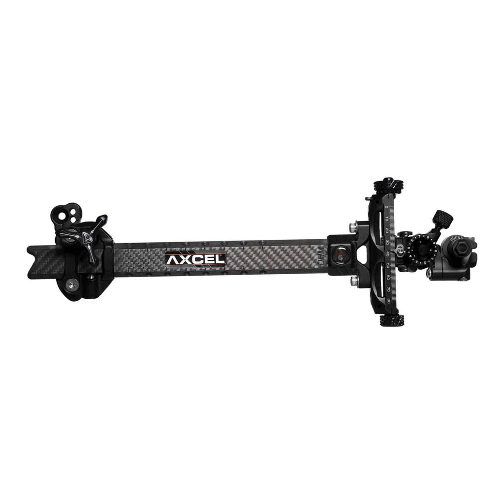 Axcel Achieve XP Variable Range 1.5" compound target sight, 9" UHM Carbon bar, Black elevation rail and knobs