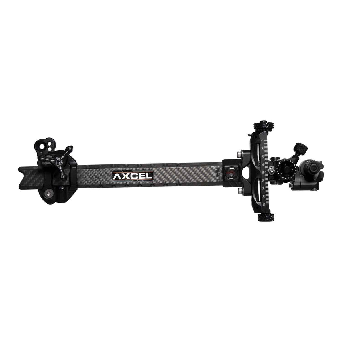 Axcel Achieve XP Variable Range 1.5" compound target sight, 9" UHM Carbon bar, Black elevation rail and knobs