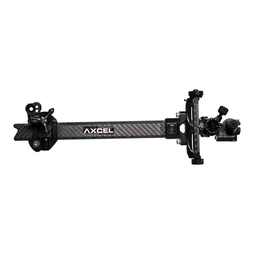 Axcel Achieve XP Variable Range 1.5" compound target sight, 9" UHM Carbon bar, Black elevation rail and knobs