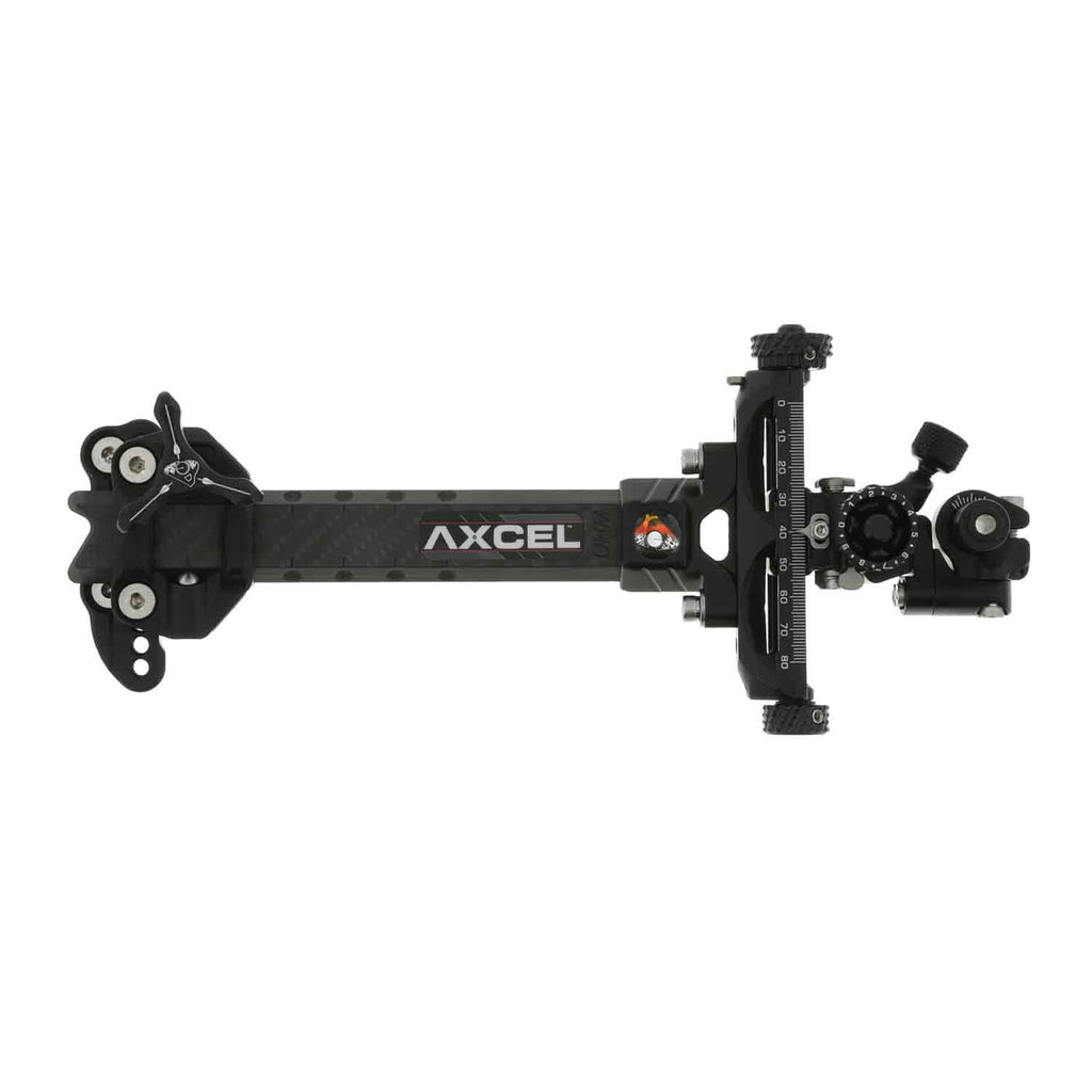 Axcel Achieve XP Variable Range 2.0" Compound target sight, 6" UHM carbon bar, black elevation rail and knobs, right-handed
