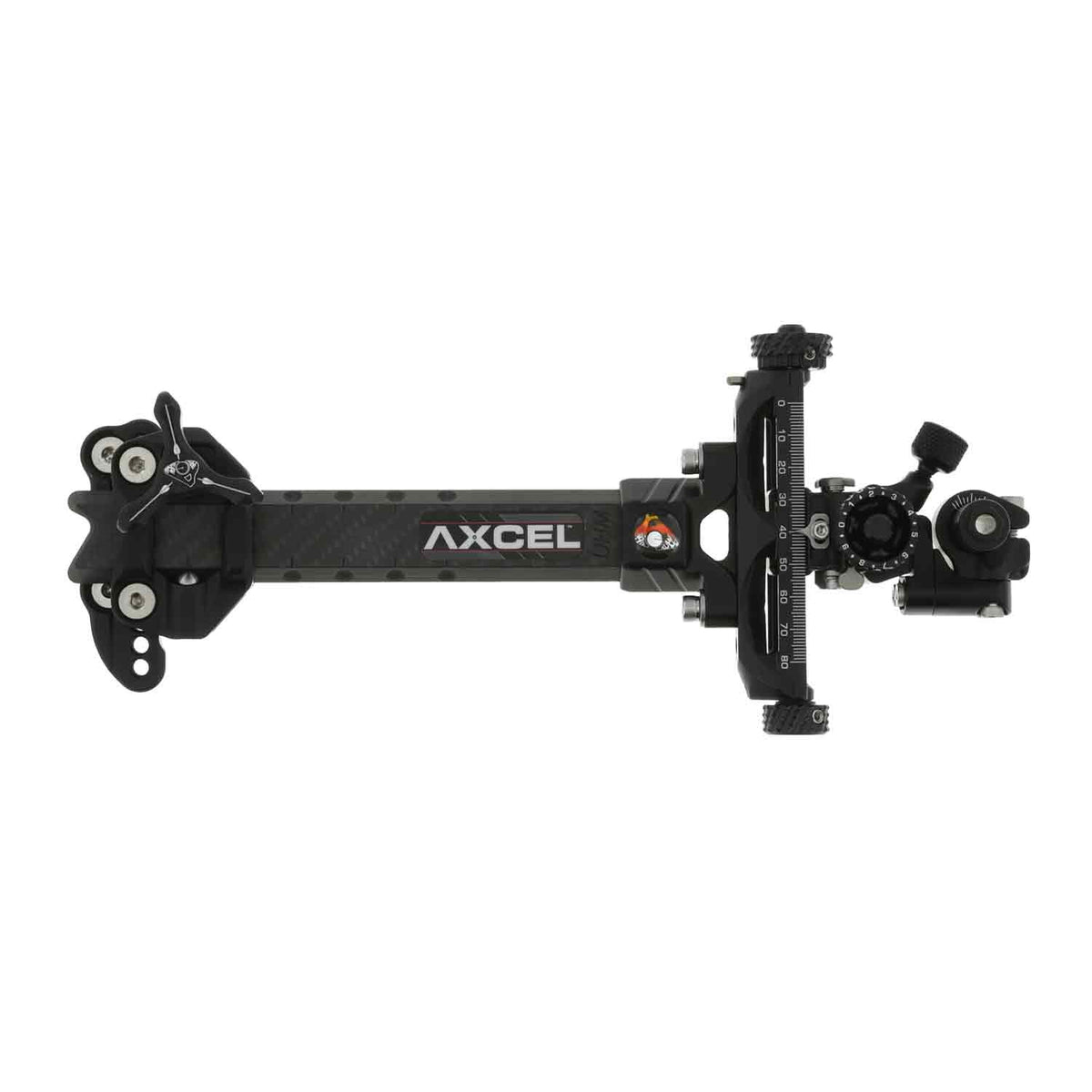 Axcel Achieve XP Variable Range 2.0" Compound target sight, 6" UHM carbon bar, black elevation rail and knobs, right-handed