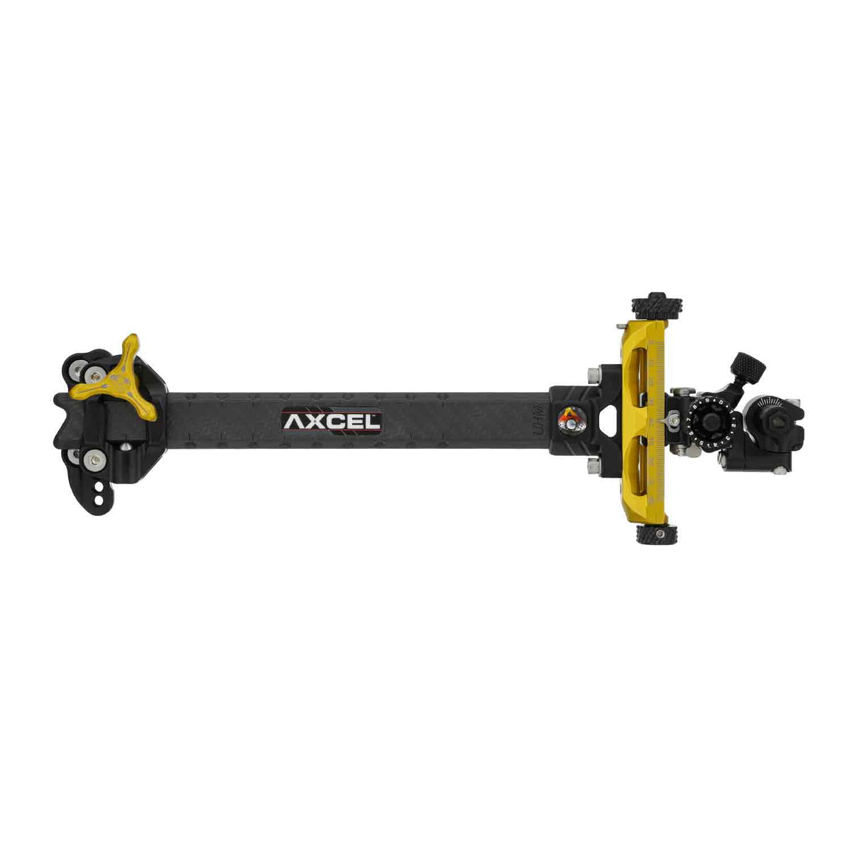 Axcel Achieve XP Variable Range 2.0" Compound target sight, 9" UHM carbon bar, gold elevation rail, right-handed