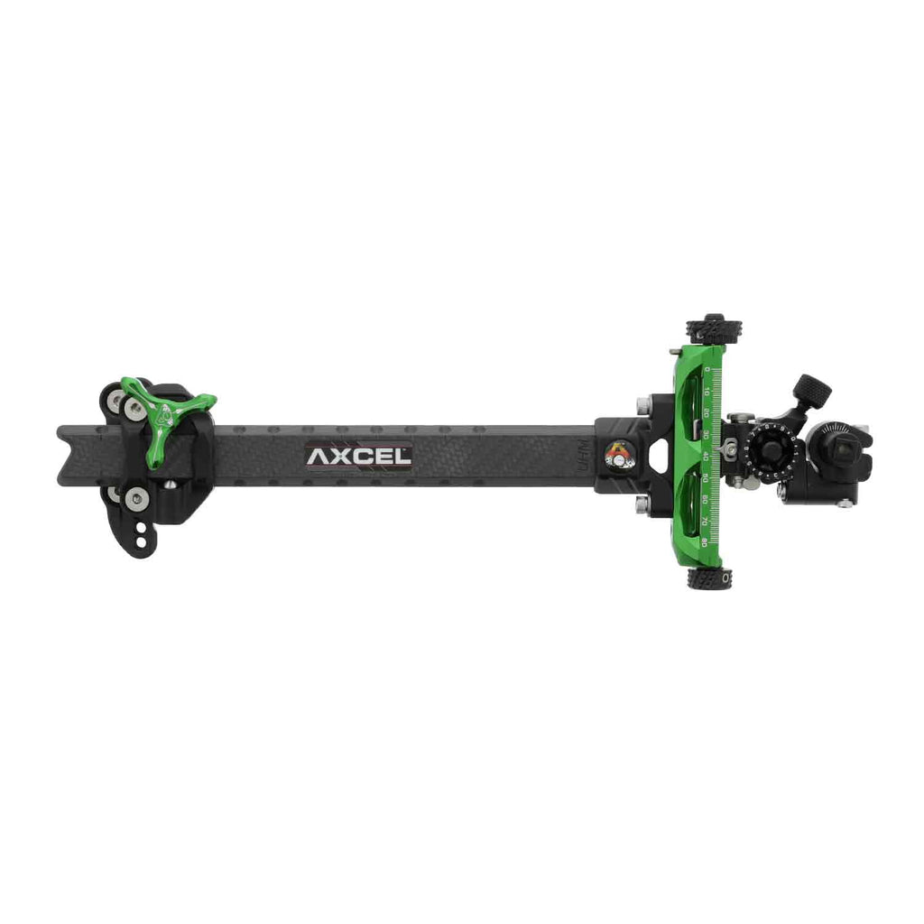 Axcel Achieve XP Variable Range 2.0" Compound target sight, 9" UHM carbon bar, green elevation rail, right-handed