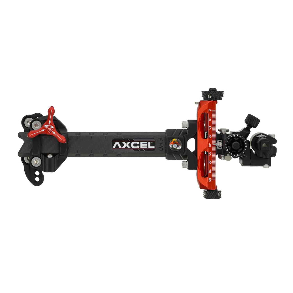 Axcel Achieve XP Variable Range 2.0" Compound target sight, 6" UHM carbon bar, red elevation rail, right-handed