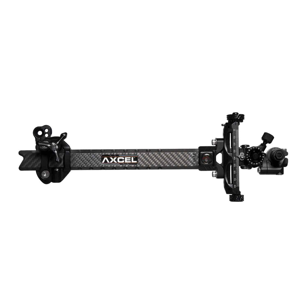 Axcel Achieve XP Variable Range 2.0" Compound target sight, 9" UHM carbon bar, black elevation rail and knobs, right-handed