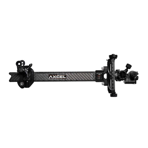 Axcel Achieve XP Variable Range 2.0" Compound target sight, 9" UHM carbon bar, black elevation rail and knobs, right-handed