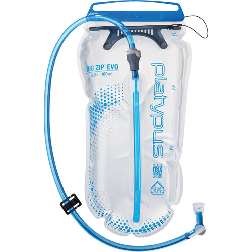 Platypus Big Zip EVO 3.0 L, front view of the reservoir with drink tube and bite valve