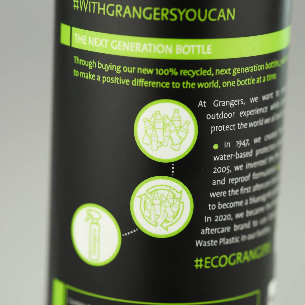Close-up of the back label on the Grangers Footwear + Gear Cleaner bottle