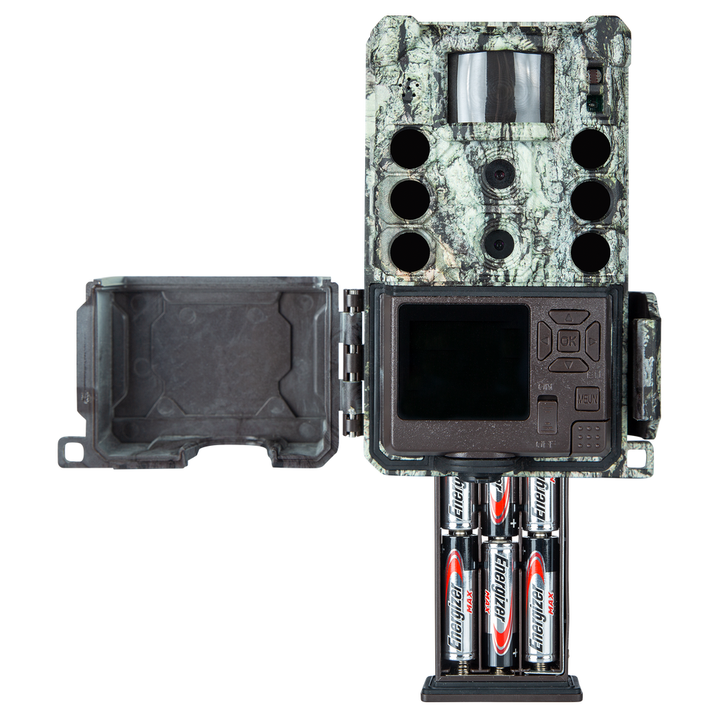 Bushnell CORE DS-4K No Glow trail camera, open showing the battery tray