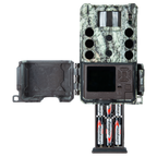 Bushnell CORE DS-4K No Glow trail camera, open showing the battery tray
