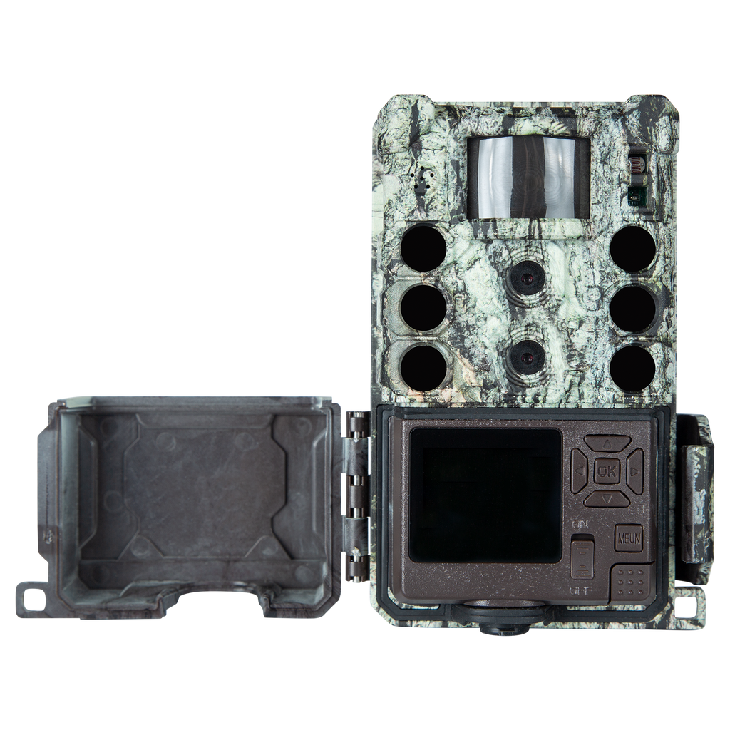 Bushnell CORE DS-4K No Glow trail camera, open showing the display and control pad