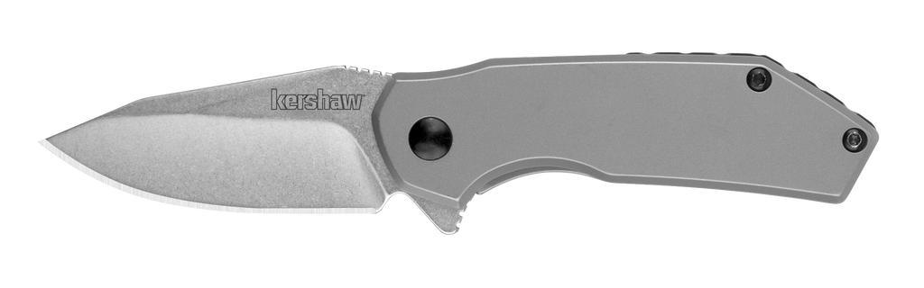 Kershaw Valve 1375 open, showing stonewashed drop-point blade and bead-blasted steel handle