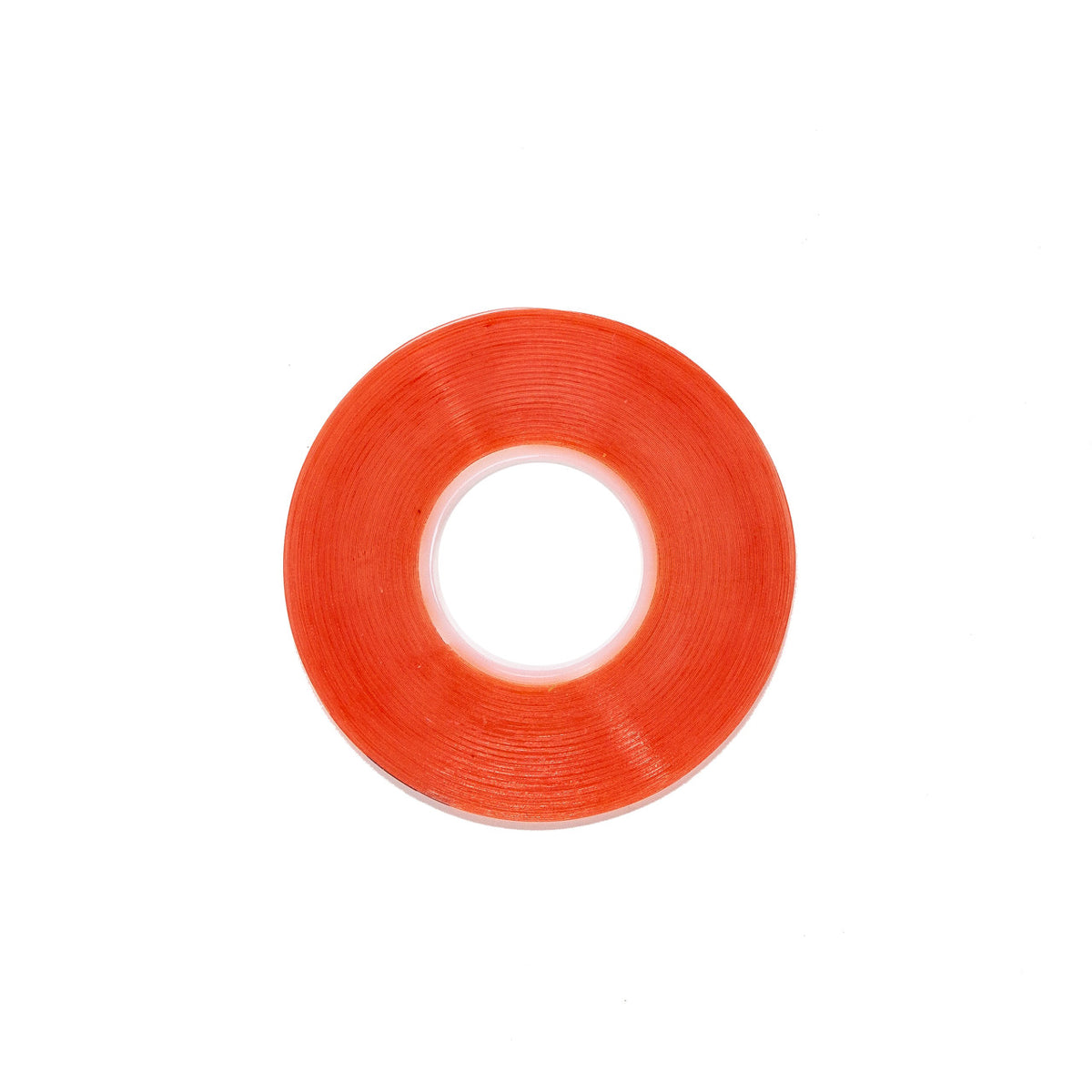 Roll of Bohning Premium Fletching Tape, red double-sided tape on a clear core