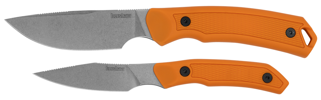Kershaw Deschutes Combo skinner and caper fixed blades with orange handles, front view