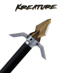 Ozcut Kreature hybrid broadhead mounted on an arrow shaft with the bleeder blades closed