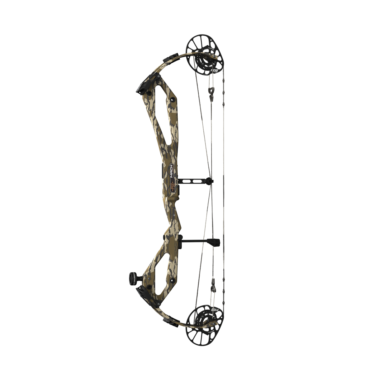 PSE Odin Carbon FDS compound hunting bow, Mossy Oak Bottomland, straight-on view