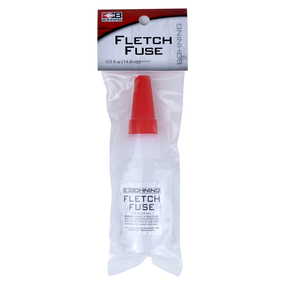 Bohning Fletch Fuse 0.5 fl oz bottle in its hanging retail package, front