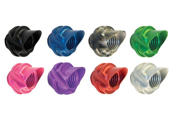 Specialty Archery Pro Series hooded peep housings shown in the range of anodised colours