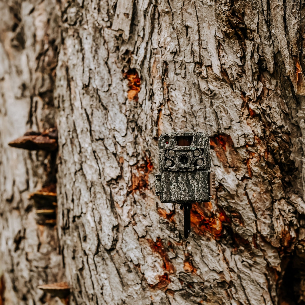 Browning Strike Force FHDR40-CP trail camera, mounted low on a tree trunk