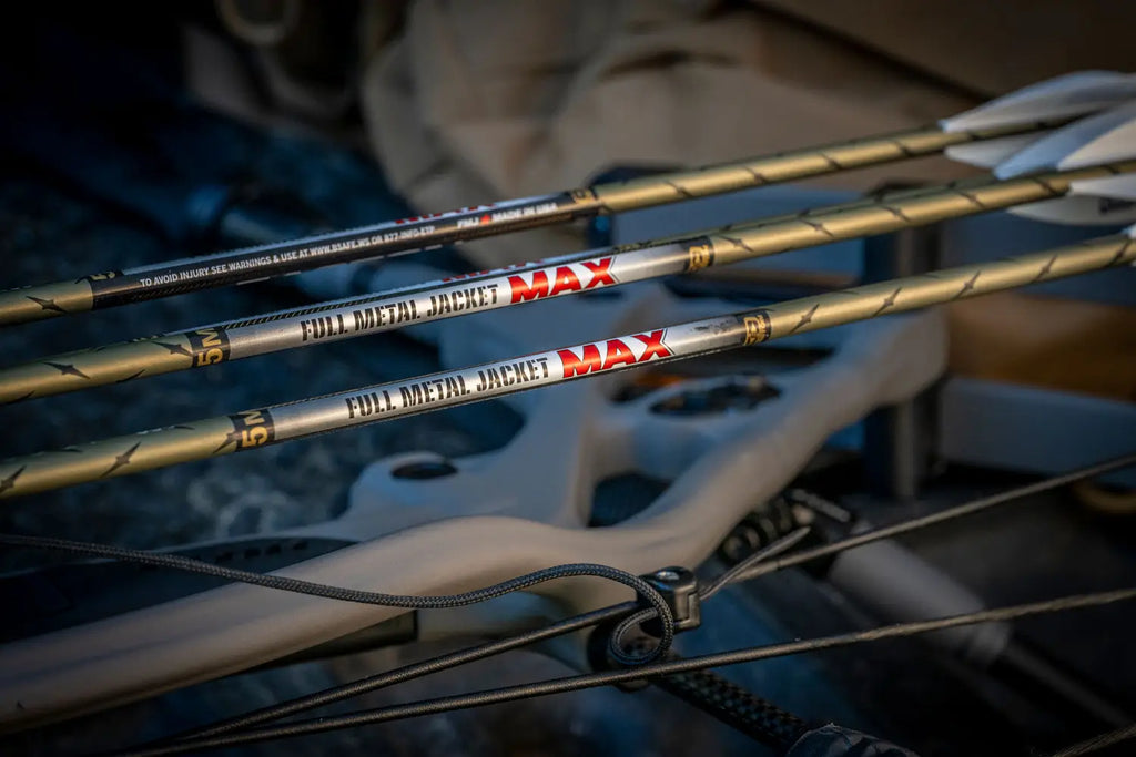 Easton FMJ Max 5mm arrows in a bow quiver showing Full Metal Jacket Max label