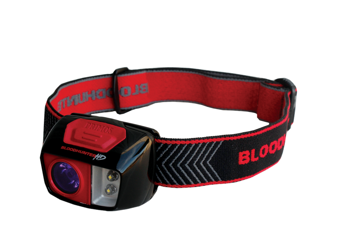 Primos Bloodhunter HD head lamp with red blood-tracking lens, white LEDs and red and black elastic head strap