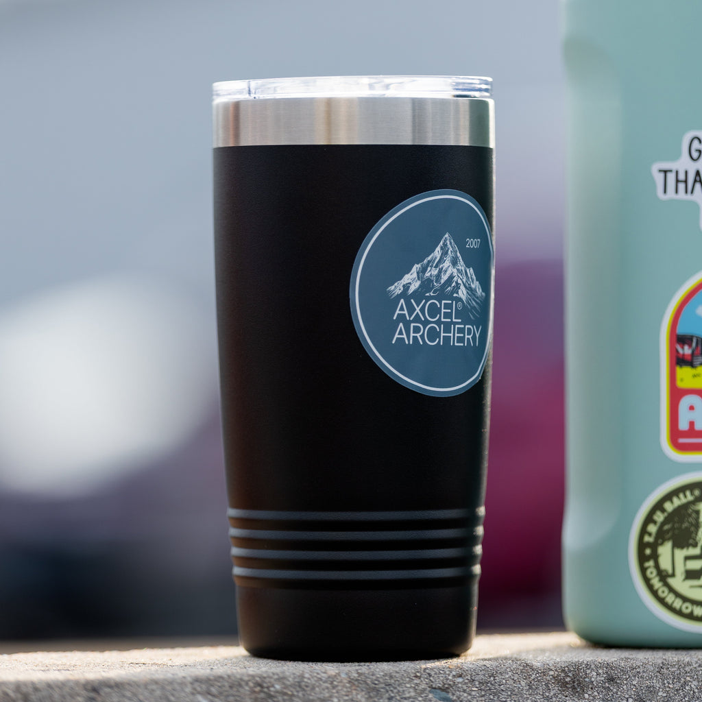 Axcel Mountain sticker in Blue applied to an insulated tumbler
