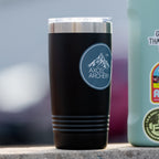 Axcel Mountain sticker in Blue applied to an insulated tumbler
