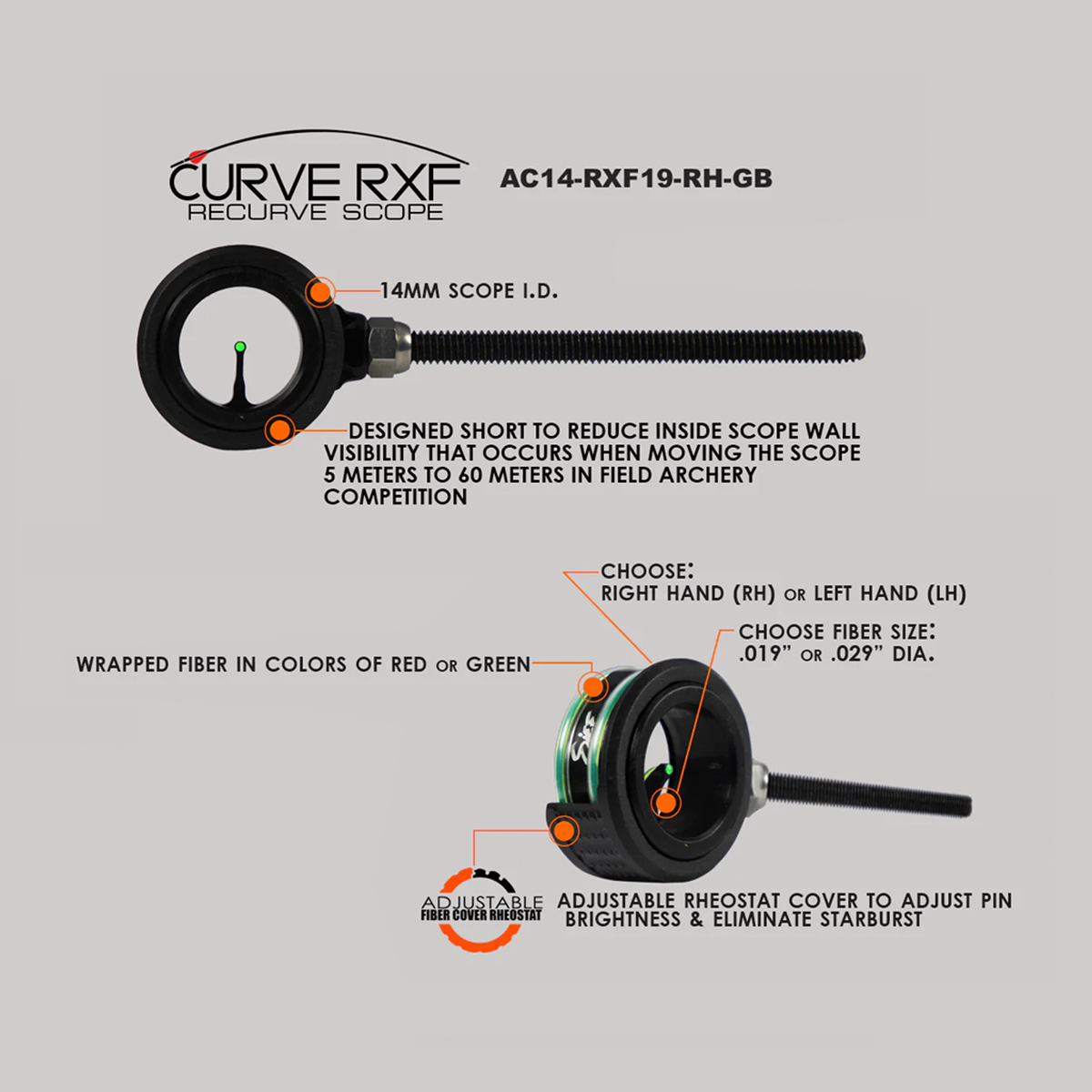 Axcel Curve RXF features: 14mm scope I.D., wrapped fibre, adjustable rheostat cover