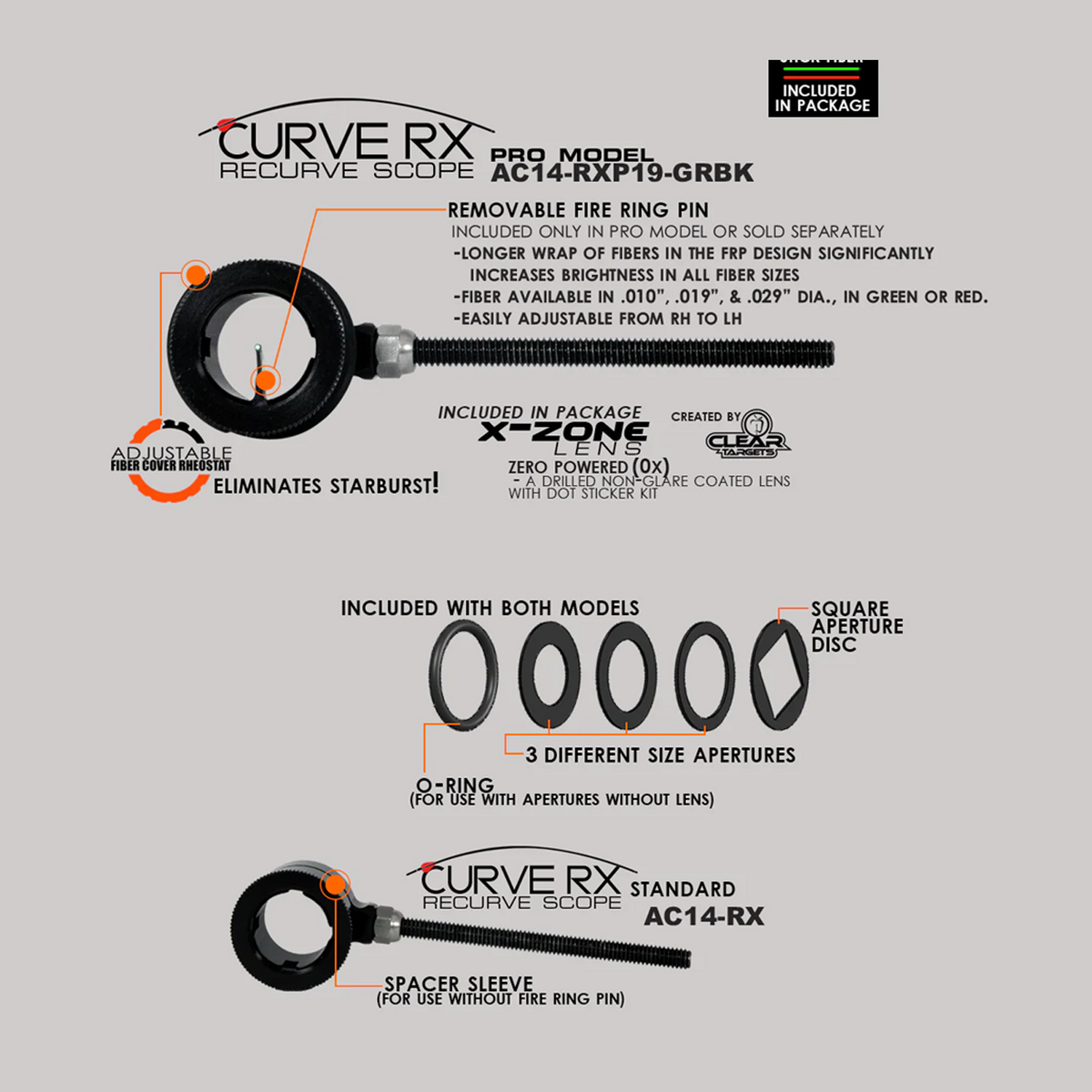Axcel Curve RX Scope Pro features: removable Curve Fire Ring Pin, RheoStat fibre cover, X-Zone lens and aperture discs