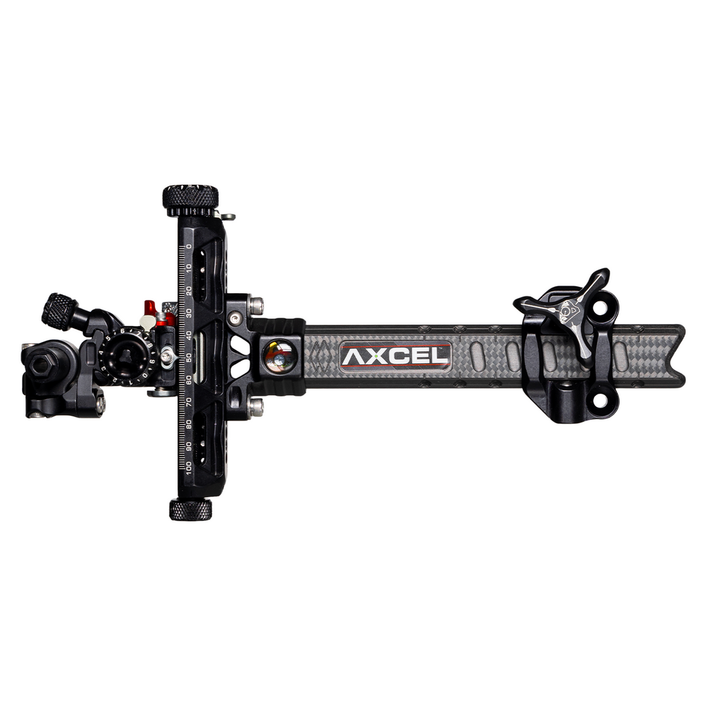 Axcel Achieve XP PRO Compound target sight, Black elevation rail and knobs, 6 inch UHM Diamond Weave Carbon bar, left-handed