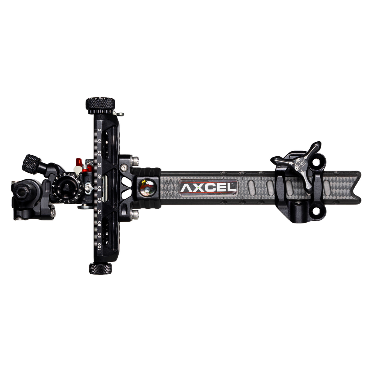 Axcel Achieve XP PRO Compound target sight, Black elevation rail and knobs, 6 inch UHM Diamond Weave Carbon bar, left-handed
