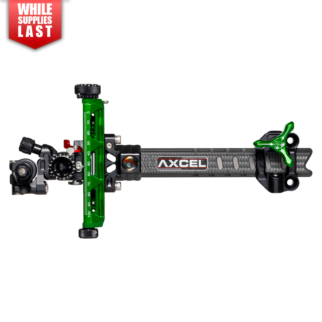 Axcel Achieve XP PRO Compound target sight, Green elevation rail and knobs, 6 inch UHM Diamond Weave Carbon bar, left-handed