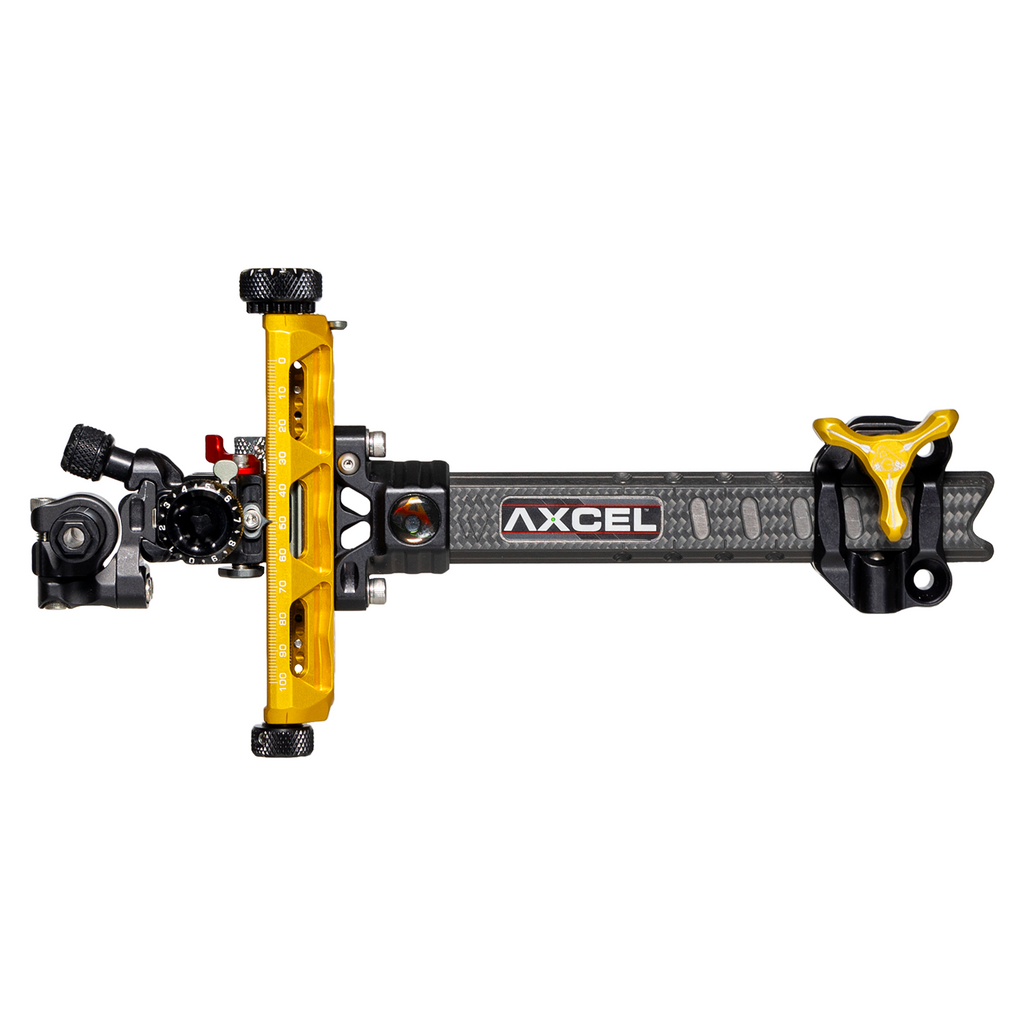 Axcel Achieve XP PRO Compound target sight, Gold elevation rail and knobs, 6 inch UHM Diamond Weave Carbon bar, left-handed