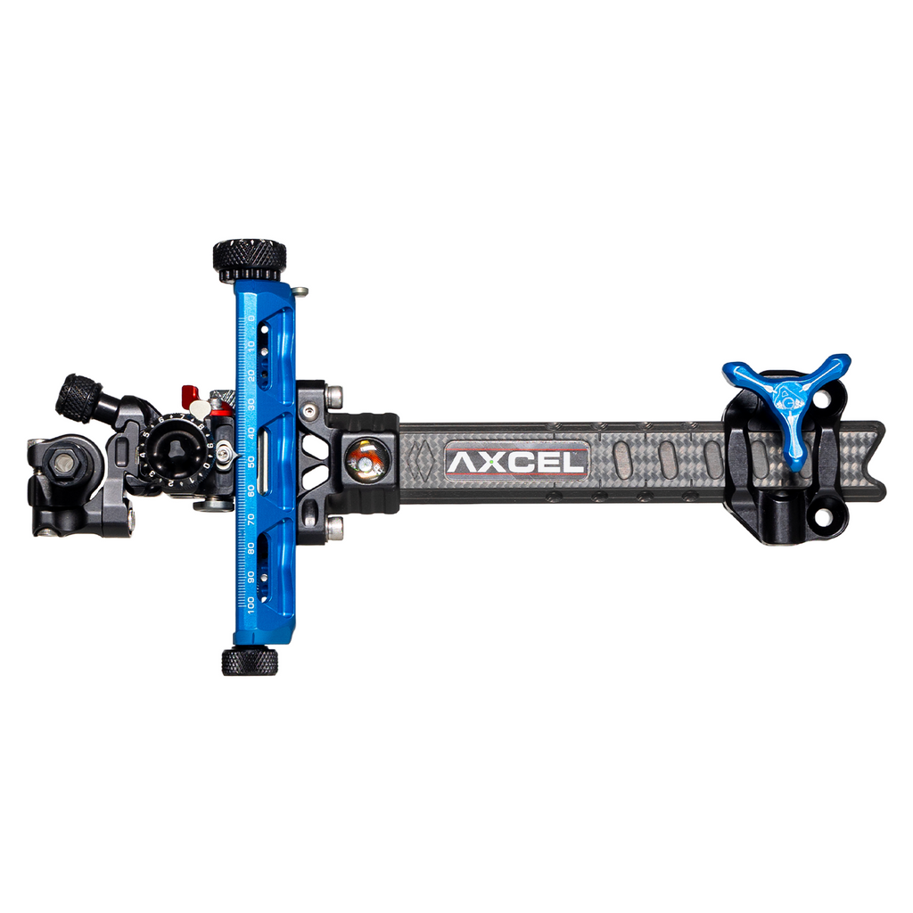 Axcel Achieve XP PRO Compound target sight, Blue elevation rail and knobs, 6 inch UHM Diamond Weave Carbon bar, left-handed