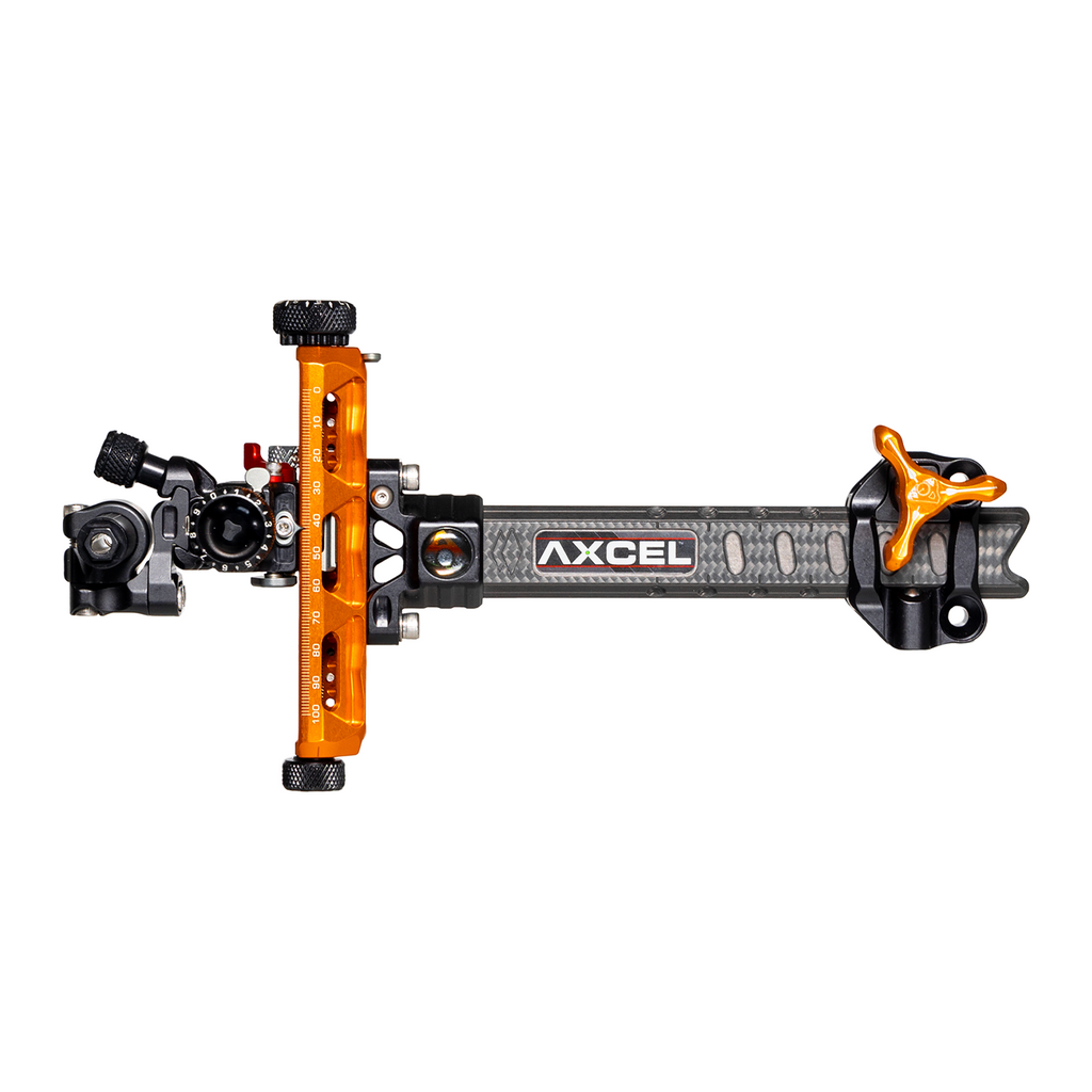 Axcel Achieve XP PRO Compound target sight, Orange elevation rail and knobs, 6 inch UHM Diamond Weave Carbon bar, left-handed