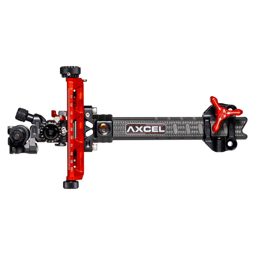 Axcel Achieve XP PRO Compound target sight, Red elevation rail and knobs, 6 inch UHM Diamond Weave Carbon bar, left-handed
