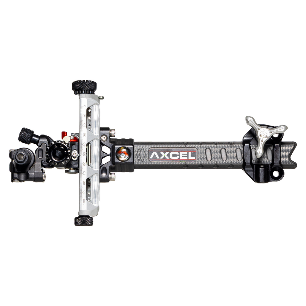 Axcel Achieve XP PRO Compound target sight, Silver elevation rail and knobs, 6 inch UHM Diamond Weave Carbon bar, left-handed