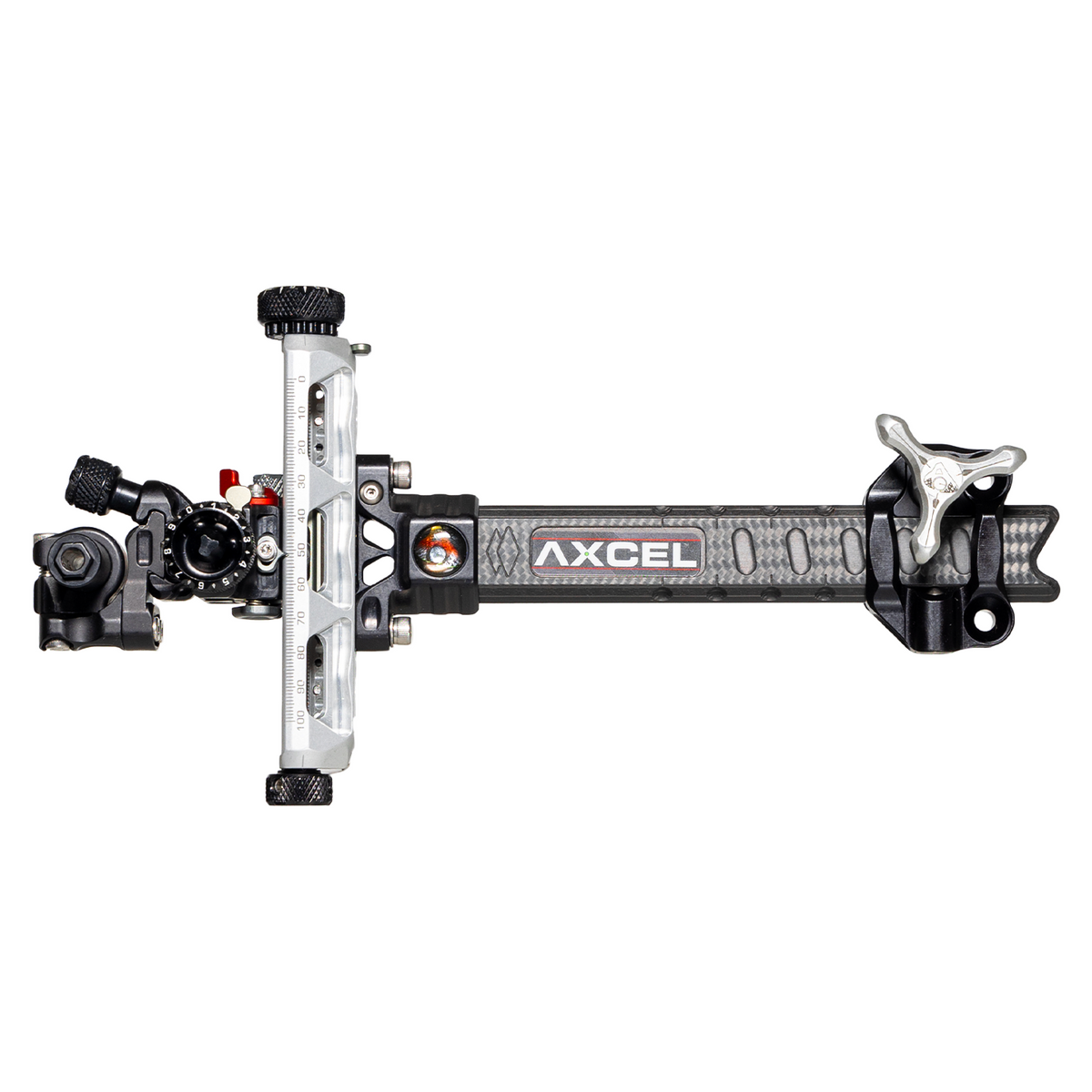 Axcel Achieve XP PRO Compound target sight, Silver elevation rail and knobs, 6 inch UHM Diamond Weave Carbon bar, left-handed