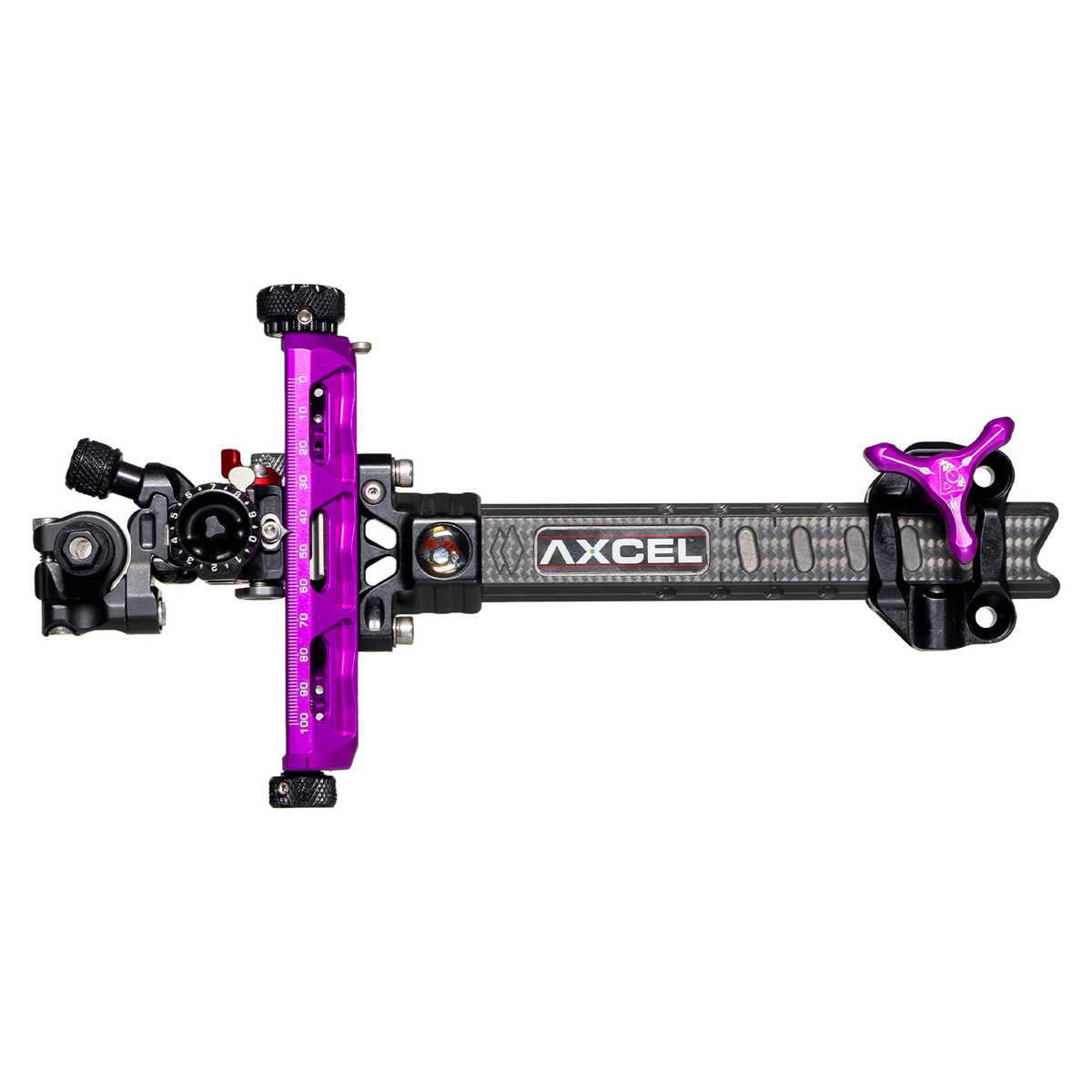 Axcel Achieve XP PRO Compound target sight, Purple elevation rail and knobs, 6 inch UHM Diamond Weave Carbon bar, left-handed