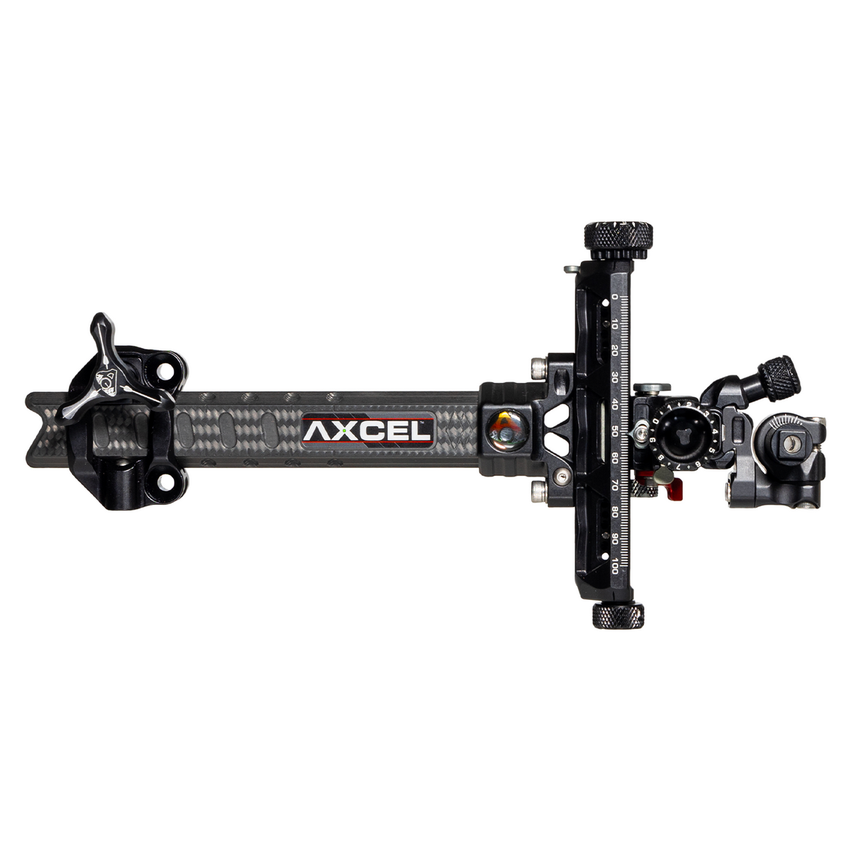 Axcel Achieve XP PRO Compound target sight, Black elevation rail and knobs, 6 inch UHM Diamond Weave Carbon bar, right-handed