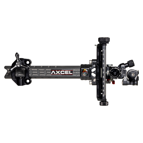 Axcel Achieve XP PRO Compound target sight, Black elevation rail and knobs, 6 inch UHM Diamond Weave Carbon bar, right-handed