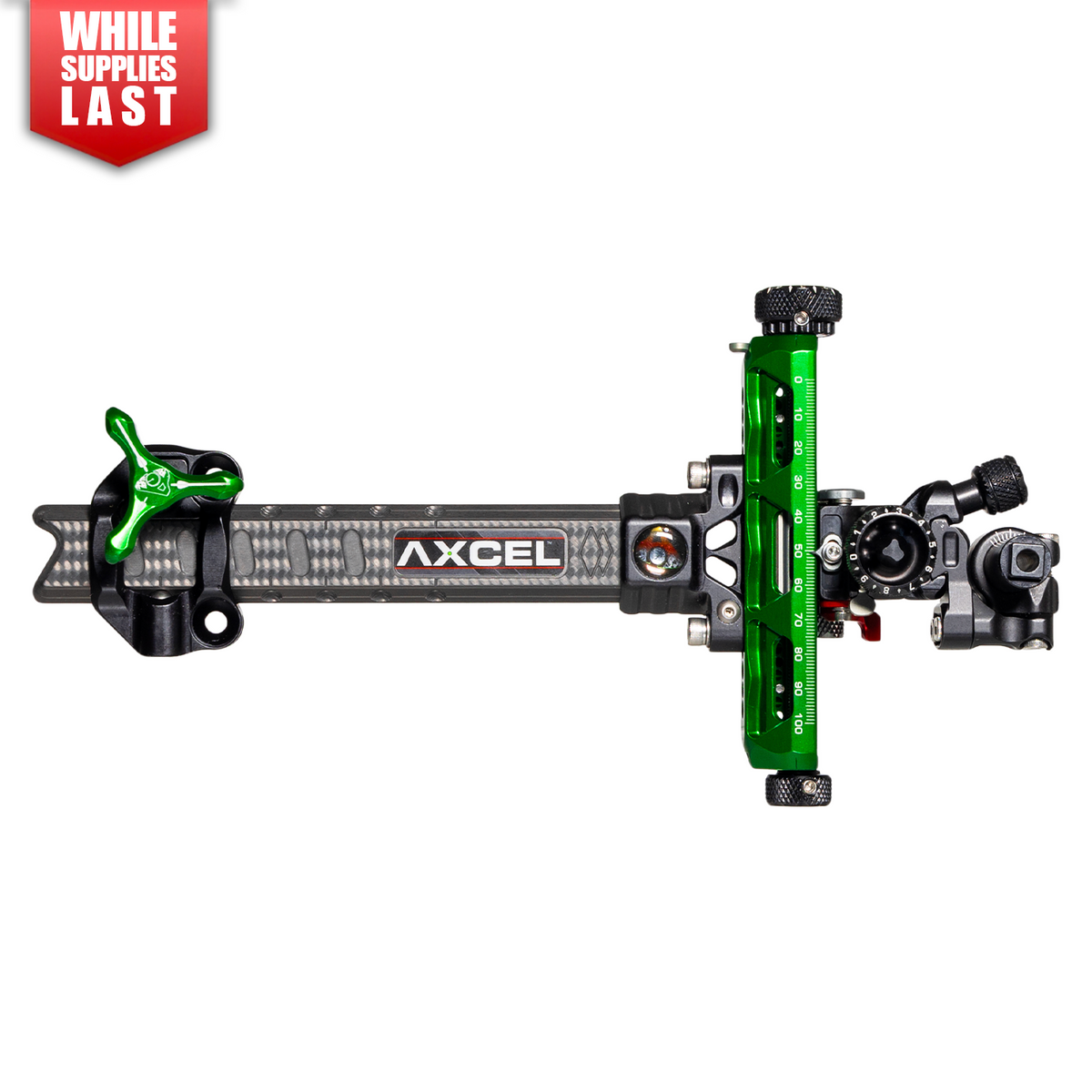 Axcel Achieve XP PRO Compound target sight, Green elevation rail and knobs, 6 inch UHM Diamond Weave Carbon bar, right-handed