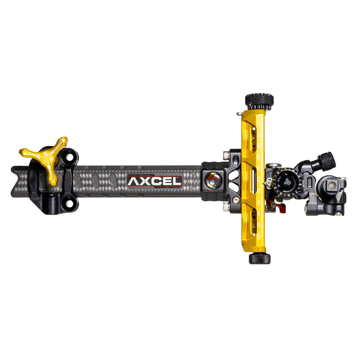 Axcel Achieve XP PRO Compound target sight, Gold elevation rail and knobs, 6 inch UHM Diamond Weave Carbon bar, right-handed