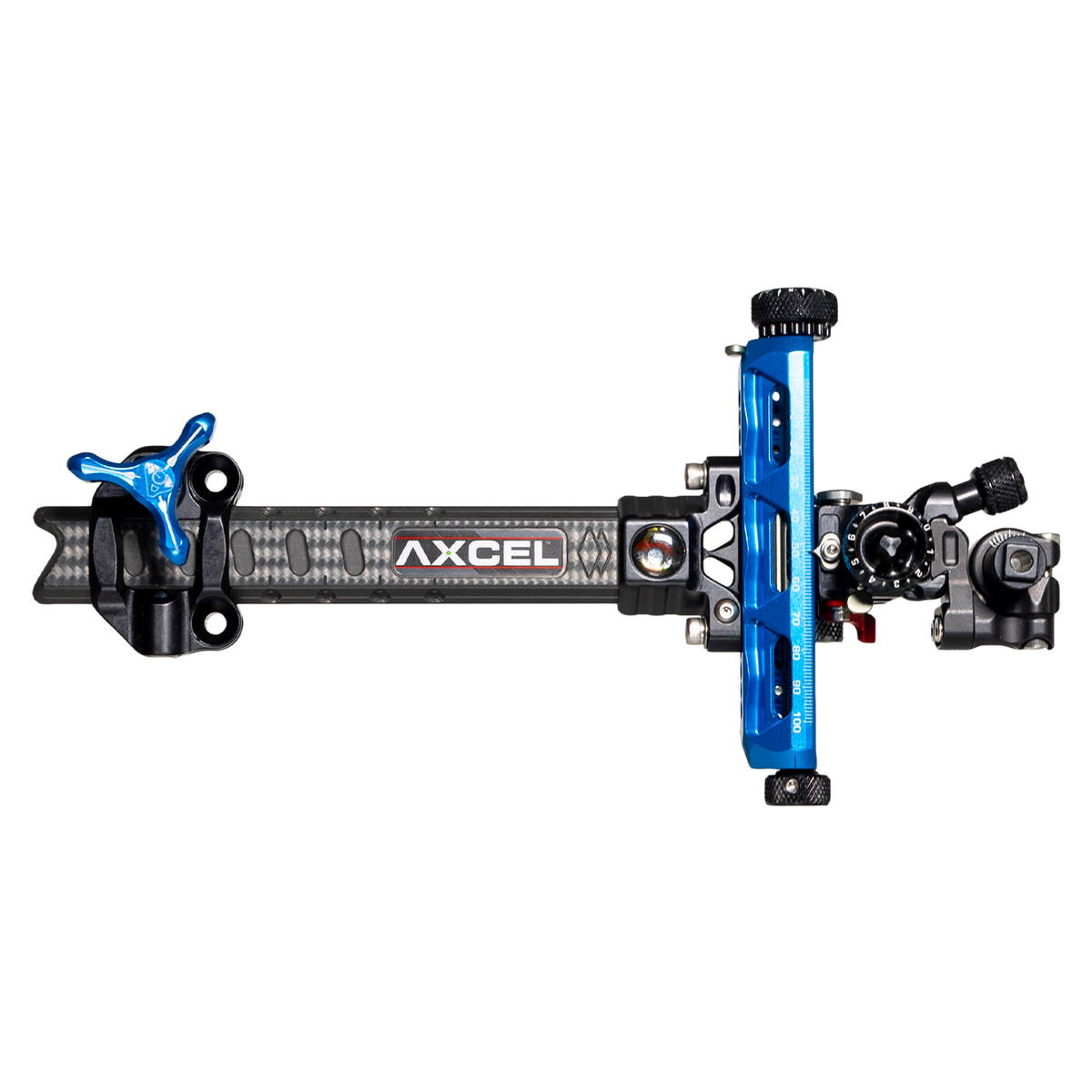Axcel Achieve XP PRO Compound target sight, Blue elevation rail and knobs, 6 inch UHM Diamond Weave Carbon bar, right-handed
