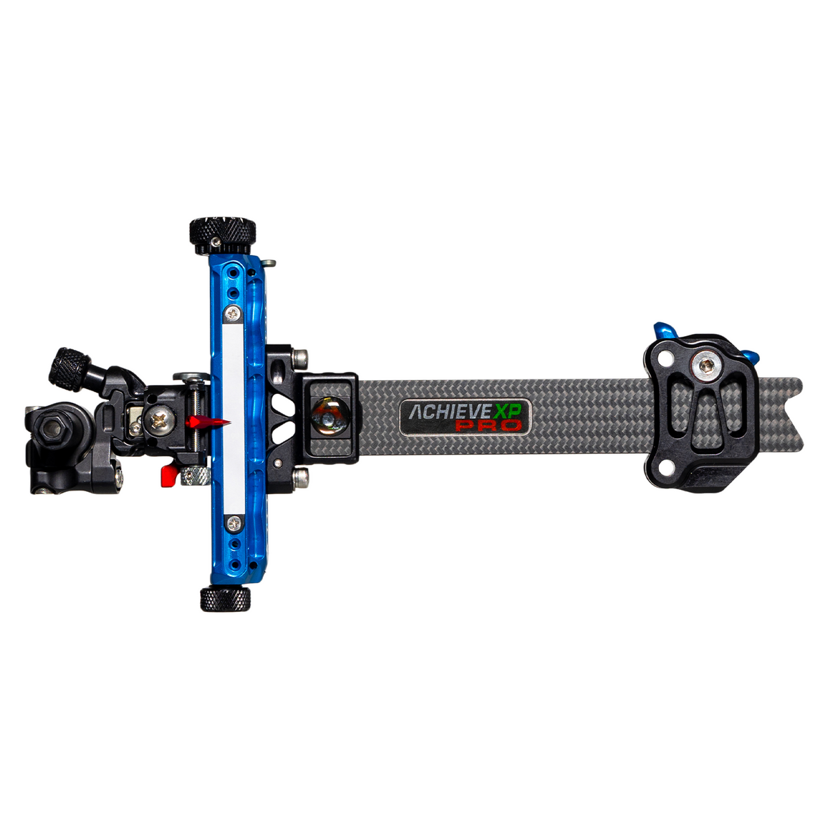 Axcel Achieve XP PRO Compound target sight, Blue, opposite-side view showing sight tape scale and micro-adjustable pointer